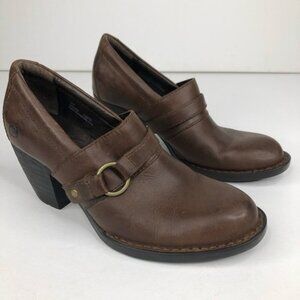 Born Brown‎ Leather Slip-On Shoes Western Chunky Heels Womens Size 8M